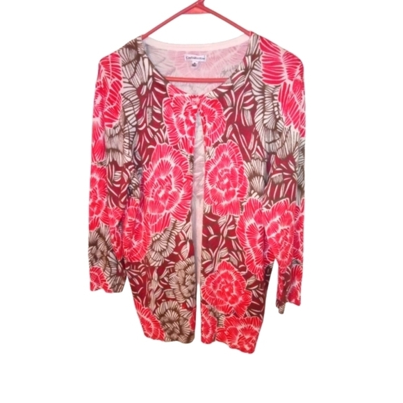 Pink Floral Cardigan Barbiecore Croft & Barrow 3/4 Sleeve Button Front M - Picture 1 of 8